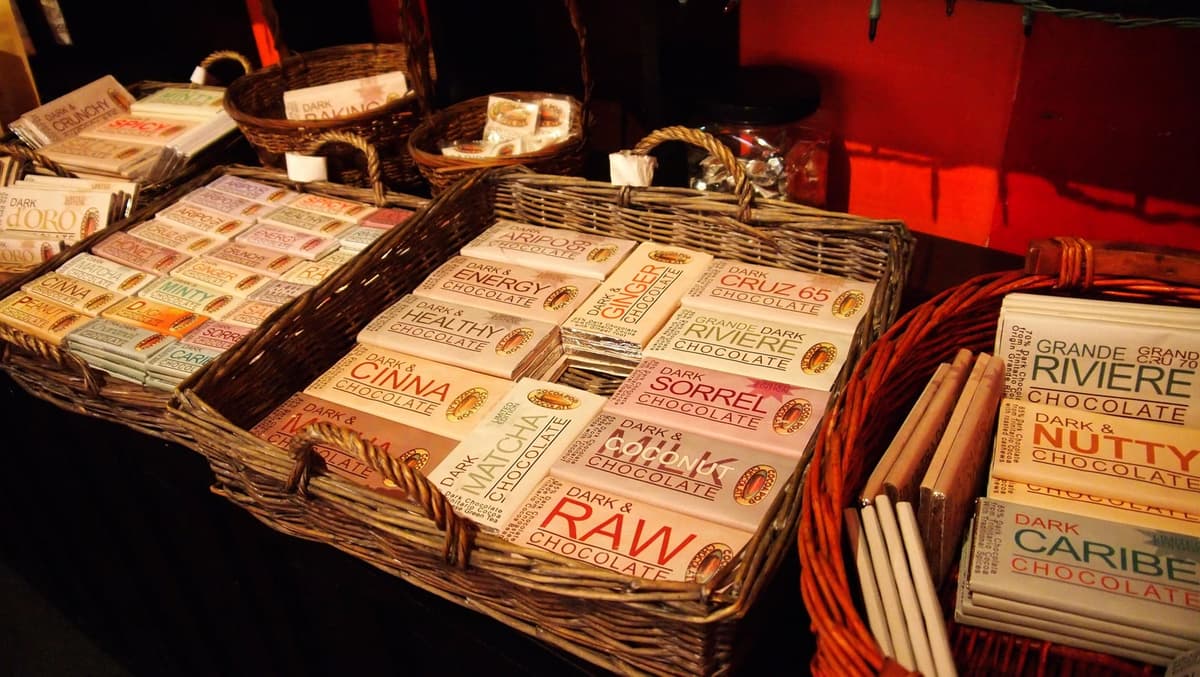 Cocoa Pod Products chocolate bars on display